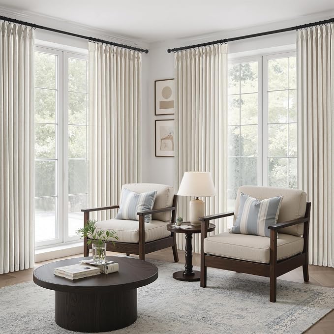 102 Inch Long Curtains Pinch Pleat Linen Curtains for Living Room Bedroom 2 Panels Natural Thick Linen Textured Light Filtering Semi Sheer Pleated Drapes Hooks Rings Back Tab for Window Sliding Door