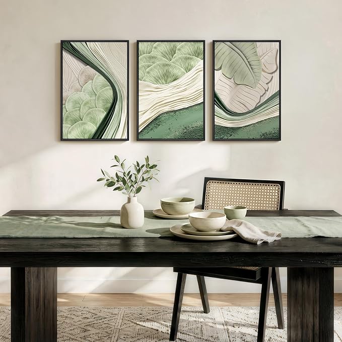 Framed Green Abstract Wall Art Bedroom, 3 Piece Botanical Modern Minimalist Canvas Print Artwork for Walls, Leaf Paintings Pictures for Small Living Room Dining Room Office Wall Art Decor, 16x24 Inch