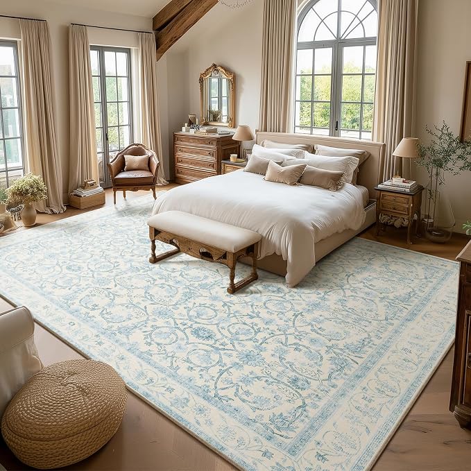 Washable Rugs for Living Room: 10x14 Area Rugs for Bedroom Ultra Soft Non-Slip Low Pile Vintage Boho Large Carpet for High-Traffic Dining Room - Farmhouse Decor