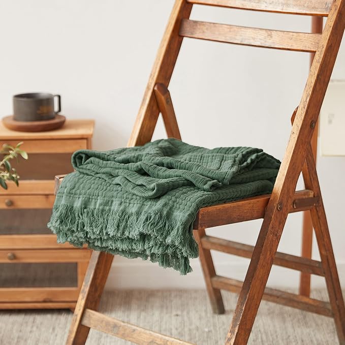 FALUCA Cotton Muslin Throw Blanket 50x60 Inches for Bed, Couch, Knit Woven Gauze Blanket, Soft Lightweight Cozy Breathable Farmhouse Decoration for All-Season, Olive Green