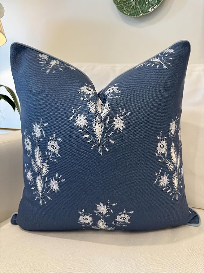Jillien Harbor “The Norfolk” Dark Blue & White Floral Block Print Pillow Cover – Dark Blue Decorative Throw Pillow Cover – Grandmillennial Home Decor, 20" x 20"