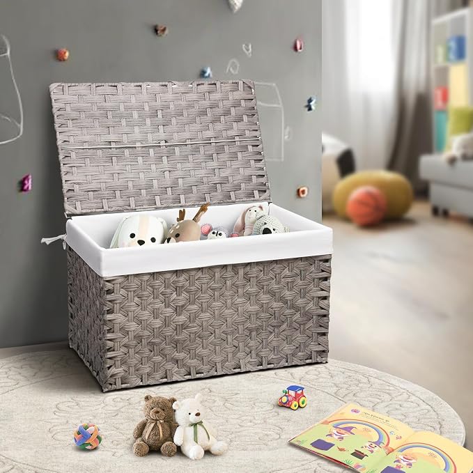 Wicker Storage Basket with Lid, 42.3 Gallon (160L) Large Blanket Basket with Lid, Woven Storage Bin with Handles, Removable Liner, Metal Frame, Foldable, for Bedroom, Laundry Room, Grey