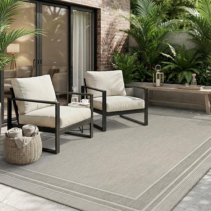 MontVoo-Outdoor Rug-Patio Rug 8x10 ft Polypropylene Indoor Outdoor Rugs Outdoor Carpet for Patio Deck Balcony Porch, Textured Weave, Durable for High Traffic, Fade-Resistant, Modern Silver Grey