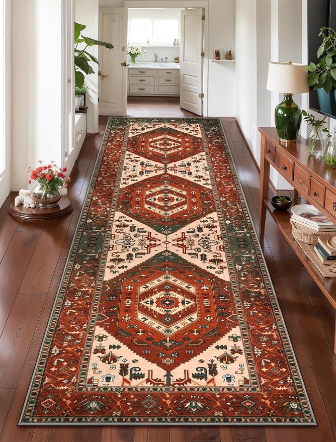 SERISSA Runner Rug for Hallways, 2'6"x8' Washable Non Slip Kitchen Runner Rug, Long Boho Rug Vintage Terracotta Green Hallway Stair Ultra Soft Print Floor Carpet for Bedroom Bathroom Laundry Room
