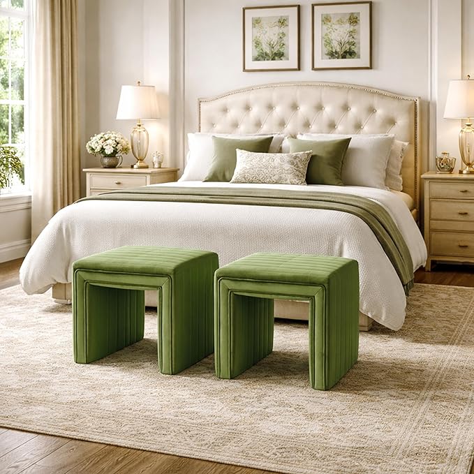 HomePop Modern Channel Tufted Velvet Ottoman|Homepop Home Décor|Ottoman for Living Room & Bedroom - Green
