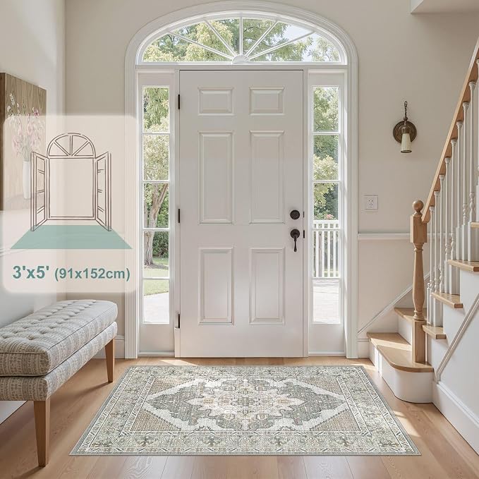 Tortania Area Rug Living Room Rugs - 3x5 Washable Rug Vintage Oriental Distressed Farmhouse Small Thin Indoor Carpet for Living Room Bedroom Under Dining Table Home Office - Sage Green