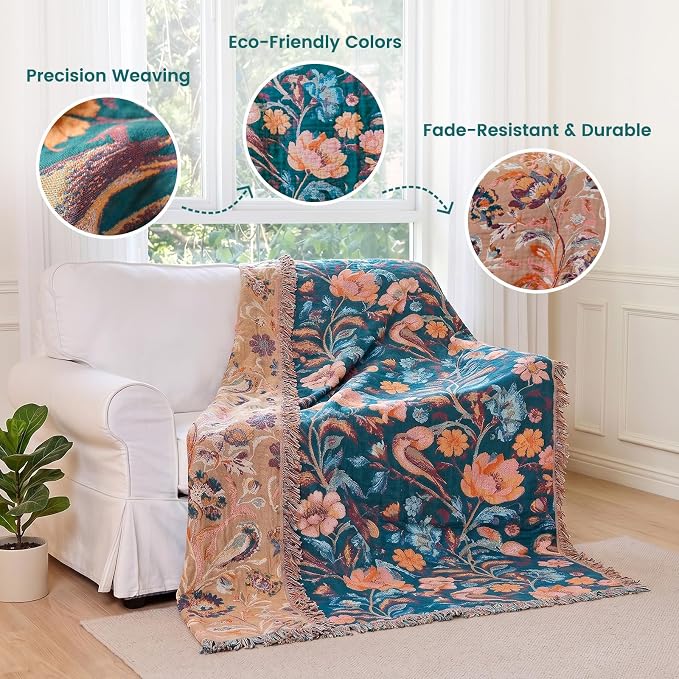 MSGKV Boho Throw Blanket for Bed 60"x80" Cotton Birds Floral Twin Size Couch Blanket Muslin Summer Breathable All Seasons Lightweight Farmhouse Blankets