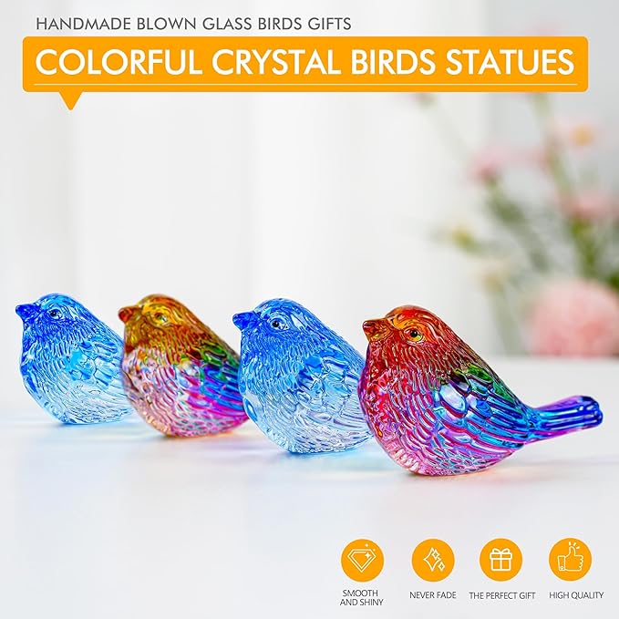 Set of 4 Handmade Blown Glass Birds Collectible Figurines Gifts for Women Men Bird Lovers Crystal Red Bird Figurine Statue for Home Table Centerpiece Decor