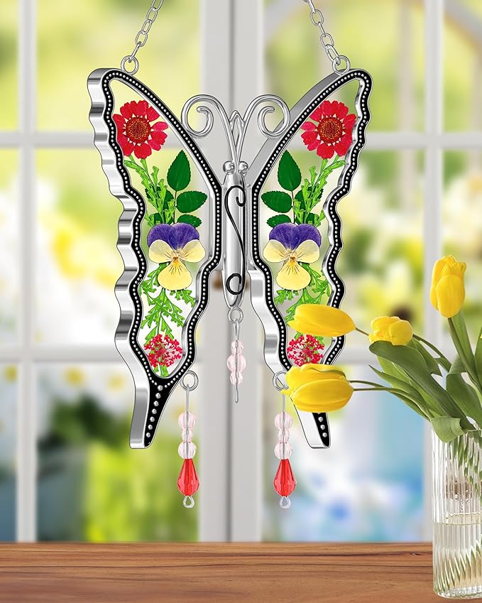 KY&BOSAM Butterfly Suncatcher Staiend Glass for Windows Hangings Wind Chimes Ornament with Pressed Dried Flowers Between Wings and No Charm Gift for Mom Mothers Day Valentine's Birthday Thanksgiving