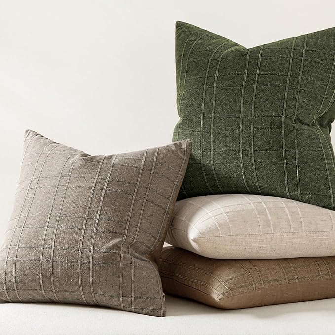 MIULEE Decorative Linen Check Throw Pillow Covers Neutral Farmhouse Vintage Spring Pillow Covers 18x18 Set of 2 Boho Modern Home Decor for Sofa Couch Bedroom Cushion Dark Olive Green