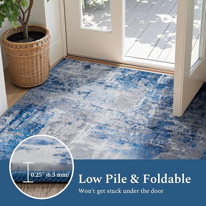 Rugflix 5x7 Area Rugs for Living Room, Washable Large Rug Stain-Resistant Low Pile, Modern Dark Carpet for Dining Room Home Office Kid Room Nursery Bedroom, Blue Grey