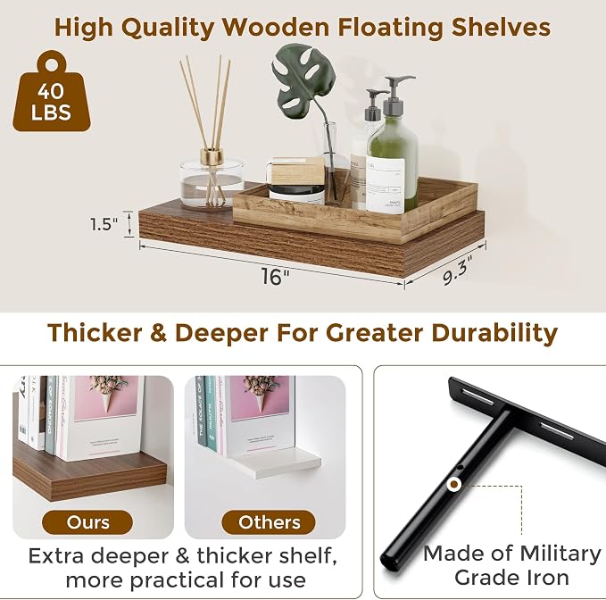 16 inch Floating Shelves for Wall, Walnut Wooden Floating Shelves, 9.3in Deep Rustic Wall Shelves for Bathroom Living Room Kitchen Bedroom Bookshelf Storage & Organizer, 16 x 9.3 x 1.5 in, 2 Packs