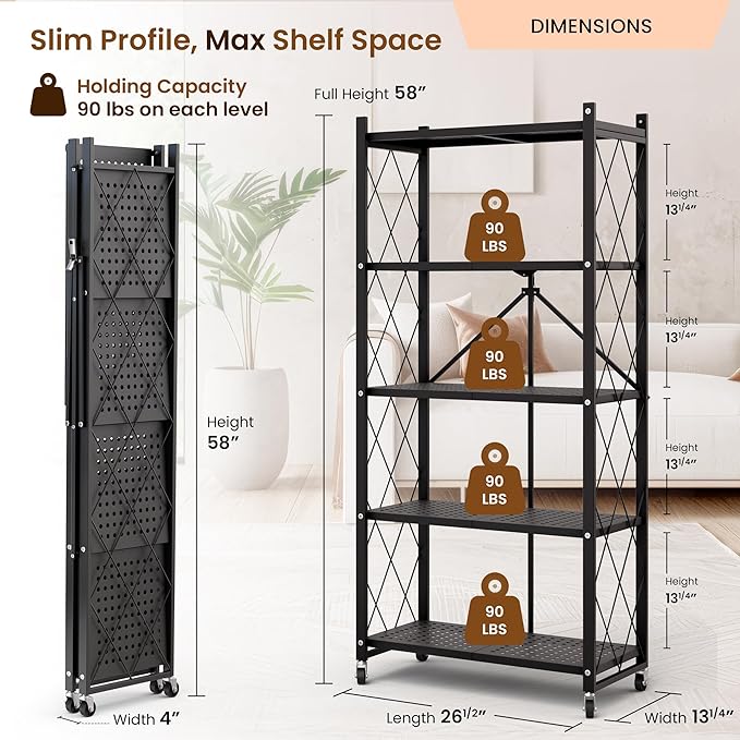 Our Modern Space 5-Tier Foldable Storage Shelf with Wheels | Metal Rack Collapsible Shelving Display | Rolling Cart for Books Kitchen Storage Shelves | Pantry & Closet Organizer | Office Room Decor