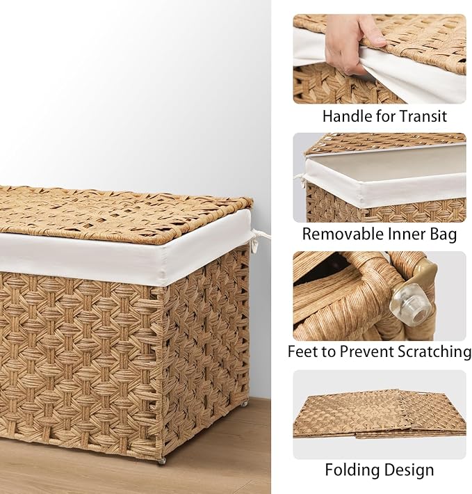 Wicker Storage Basket with Lid, 52.8 Gallon (200L) Large Blanket Basket with Lid, Woven Storage Bin with Handles, Removable Liner, Metal Frame, Foldable, for Bedroom, Laundry Room, Natural