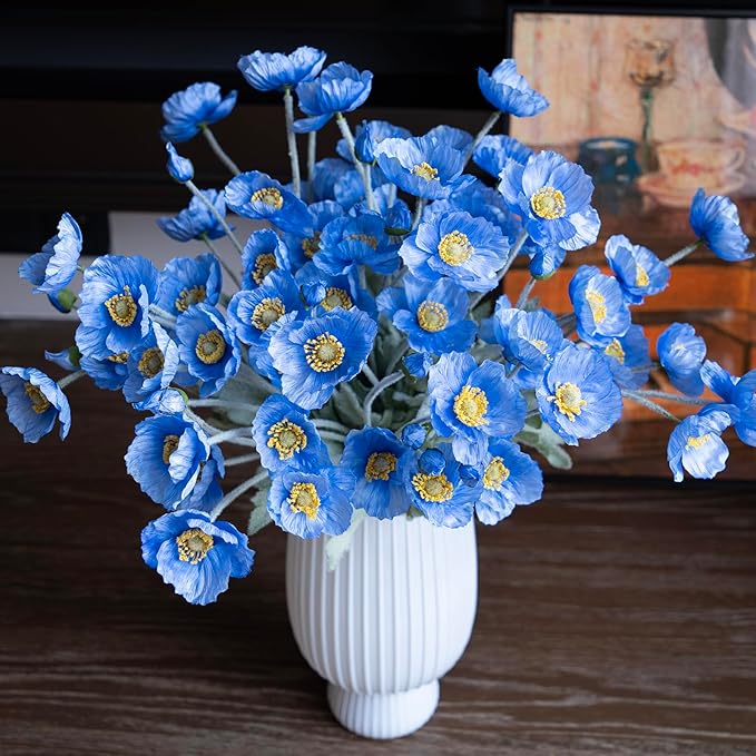 DUYONE Artificial Flowers 6 Stems Poppy Silk Bouquet,for Wedding, Home, Party Decoration,Table Centerpiece Arrangement(Blue)