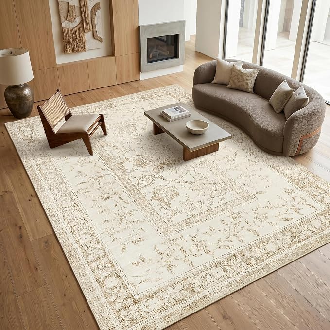 GarveeHome Vintage Beige Area Rug 8x10 for Living Room Washable Cottage Core Retro Farmhouse Low-Pile Stain Resistant Large Carpet for Bedroom Dining Room Home Office TPE Backing Indoor Decor