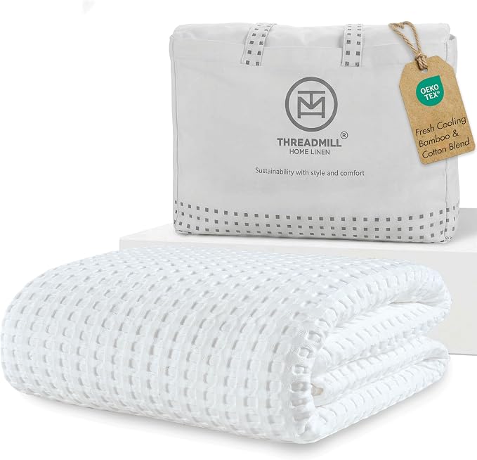 Threadmill Cooling Cotton Waffle Queen Size Blanket | Lightweight Summer Blanket for Hot Sleepers | Rayon Derived from Bamboo | Luxury Throw for Bed, Couch & Sofa | 106 x 92 Inches | Whitee