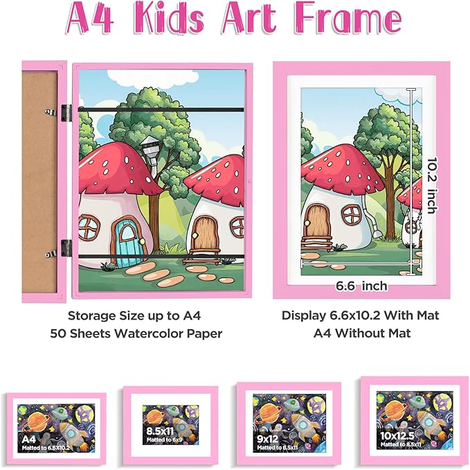KINLINK A4 Kids Art Frame Set of 2, Solid Wood Kids Artwork Frames Changeable with Front Opening hold 150 Pictures, Art Frames for Kids Art with Mat，without Mat A4 Picture Frame Light Pink