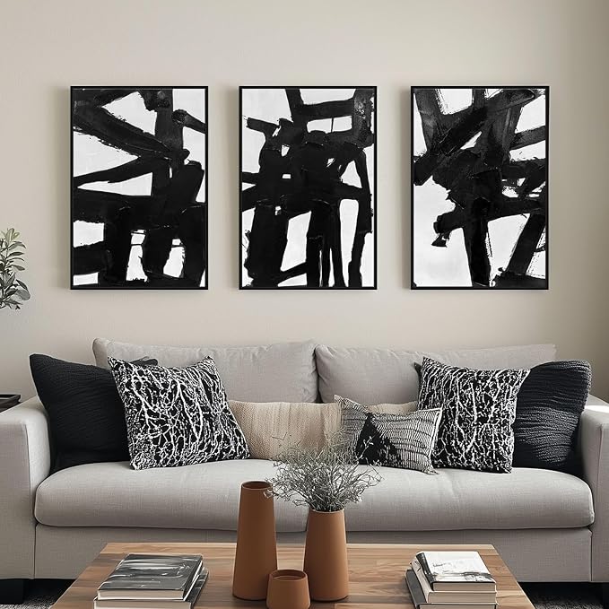 SAFERRYHOME Black And White Abstract Textured Wall Art, 3 Pieces Modern Canvas Prints Paintings, Minimalist Wall Decor Picture, Black Line Stroke Artwork for Living Room, Bedroom, Office, 16"x24"