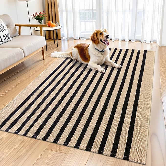 OLANLY Brown and Black Striped Rug 4' x 6' – Washable Cotton Doormat for Indoor Outdoor Use, Layered Front Porch Rug for Entryway, Kitchen, Patio