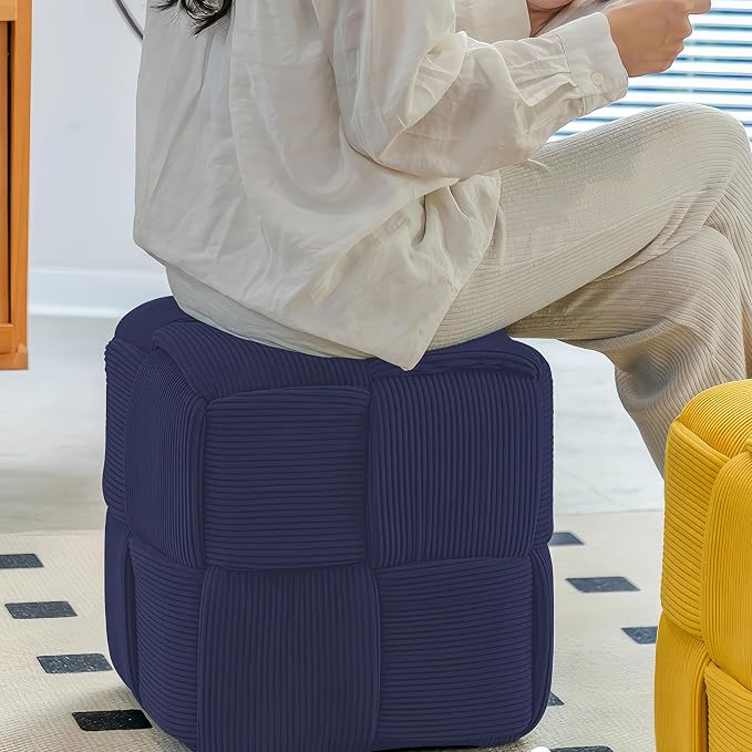 Cmishe 15" Square Woven Corduroy Ottoman Footrest - Modern Vanity Stool for Living Room & Entryway, Eco-Friendly Wood Frame, No Assembly (Blue)