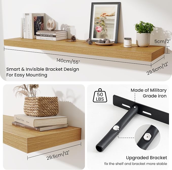 Fun Memories 55 Inch Floating Shelves for Wall - 12 Inch Deep Fireplace Mantel Shelf - Wood Floating Shelf for Wall - Large Storage Shelves Wall Mount for Living Room & Bedroom - Oak - Set of 2