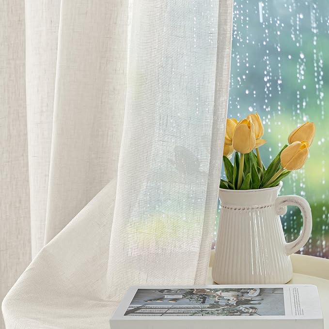 HolidayIdeas Linen Outdoor Sheer Curtains for Patio Waterproof-4 Panels Semi Sheer Wide Grommet Indoor/Outside Ivory Voile Curtains for Living Room, Bedroom, Porch, Pergola, Cabana 110x84 Inch