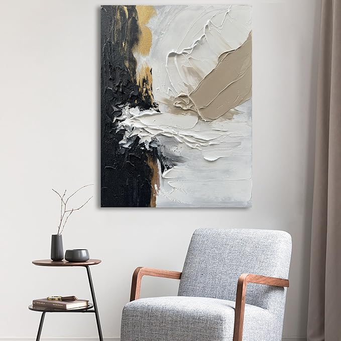40x28 inch Hand-Painted White and Black Texture Abstract Art Modern Minimalist Home Office Wall Decoration Painting