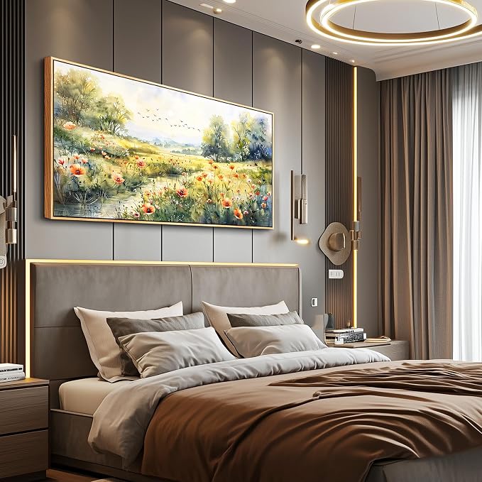 XIGUANGART Framed Canvas Prints Wall Art Pastoral Art Work for Wall Decor Riverside Grassland Watercolour Scenery Pictures Abstract Large Paintings for Living Room Bedroom Office Modern Decorations
