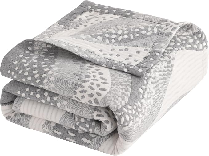 NTBAY 3 Layers Cotton Muslin 88x92 Queen Bed Blanket, Super Soft Breathable Thermal Yarn Dyed Quilt for Adults, Perfect Lightweight Blanket for Couch Sofa Bed All Seasons, Grey Wheat Waves