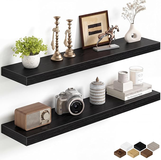 Fun Memories 36Inch Floating Shelves for Wall, 8 Inch Deep Shelves for Bathroom|Bedroom|Kitchen, Large Wall Mounted Wood Hanging Shelf with Invisible Brackets for Home Storage Decor, Black - 2 Pack