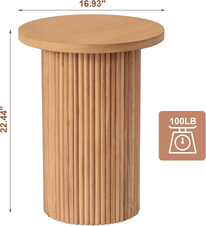 Round Side Table, Small Wood End Table Nightstand for Living Room, Bedroom, Office Small Spaces, Mid Century Modern Farmhouse Accent End Tables, Fluted Base Design, 16.93" D x 22.44" H