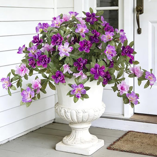 Ammyoo Artificial Fake Azalea Flowers for Outdoor Spring Decoration, Faux Silk Flower for Summer UV Resistant Look Real Plants for Garden Yard Porch Walkway Indoor Decor, 2PCS