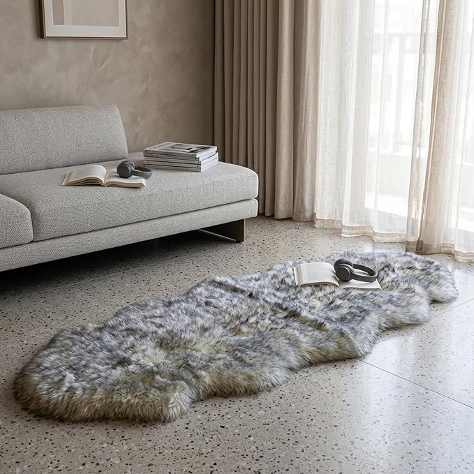 Genuine Sheepskin Rug New Zealand Fluffy Lambskin Rug, Natural Luxury Sheepskin Throw for Bedroom Living Room Children's Room - Premium Area Rug Chair Cover (2×6 Feet, Grey Tip)