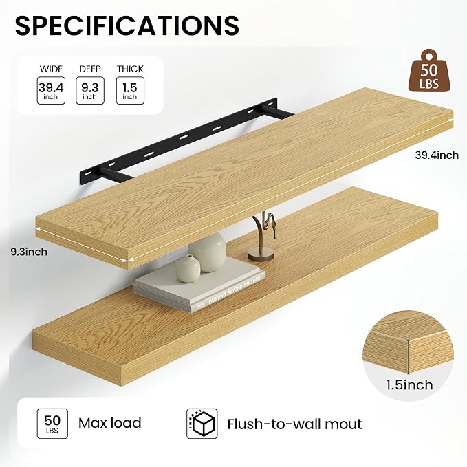 Heimlove Floating Shelves for Wall Set of 2,9.3" Deep Wall Shelves,39.4" W x 9.3" D x 1.5" H,Oak
