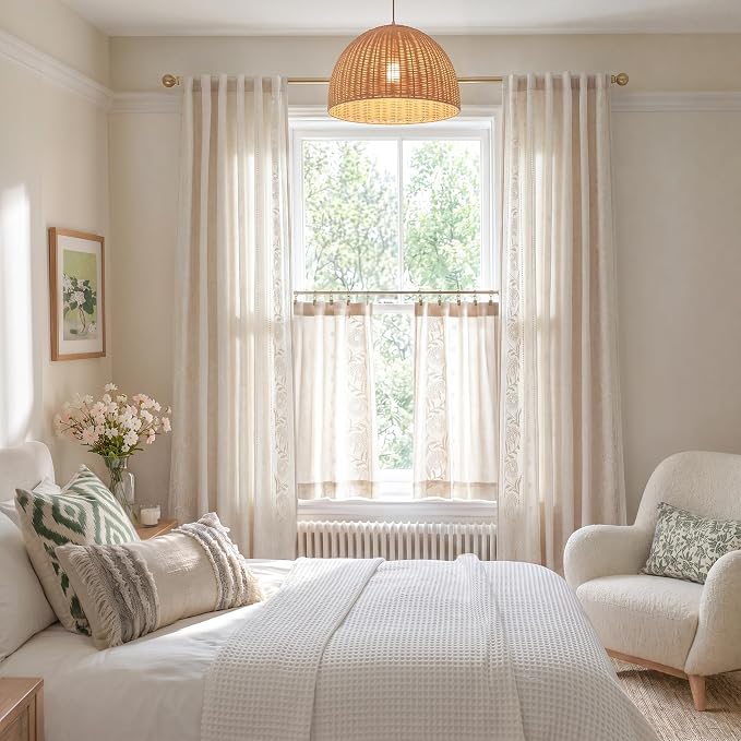 jinchan Winslow Linen Curtains for Bedroom 90 Inches Length Embroidered Bordered Floral Curtains for Living Room Farmhouse Decor Light Filtering Window Treatments Ivory on Beige Drapes 2 Panels
