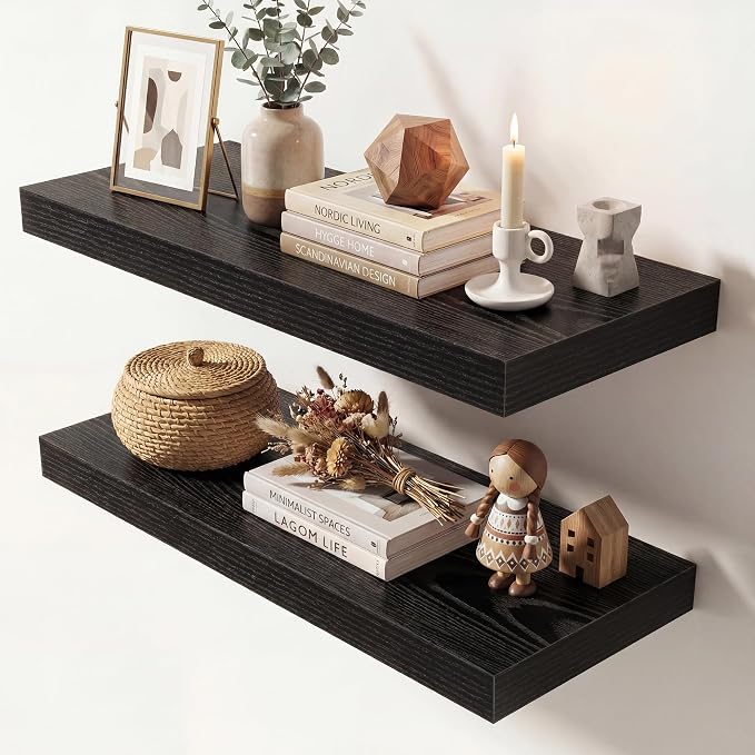 Dreamland 24 Inches Floating Shelves for Wall,9.3" Deep Long Floating Shelves Set of 2,Large Display & Storage Shelf,Wall Shelf for Bathroom Bedroom Living Room Kitchen Office,Black