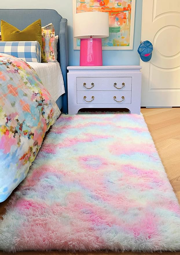 PAGISOFE Rainbow Runner Rugs for Girls Bedroom Hallway Plush Fluffy Rug 2x6 Ft, Soft Kawaii Carpet for Living Room, Non-Slip Indoor Princess Rugs for Nursery Kids Girls Room Home Decor Cute Colorful