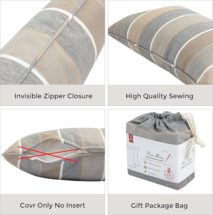 FUNHOME Waterproof Outdoor Lumbar Pillow Covers Set of 2,Home Decor for Garden Patio Furniture,Couch,Sofa 12"x20" Inch Decorative Pillows Cover Only,NO Insert(Gray Stripe)