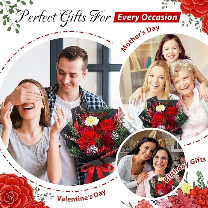 Flowers for Delivery Prime, Valentines Day Gifts for Her, Preserved Flowers Bouquets, Red Rose Birthday Gifts for Women Mom Wife Girlfriend Grandma, Real Forever Flower for Mothers Day Anniversary