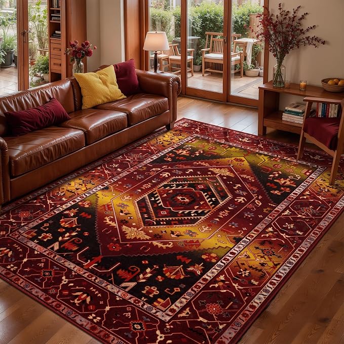 SERISSA Area Rug 3x5 Boho Rugs for Bedroom, Washable Non-Slip Living Room Rug, Ultra Soft Print Distressed Vintage Rustic Red Gold Rug Low-Pile Throw Carpet for Entry Kitchen Bedroom Nursery Dorm