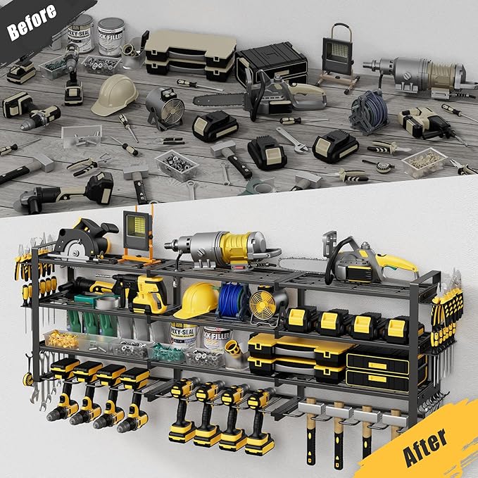 Jusgym Large 49''W Power Tool Organizer Wall Mount |650lbs Garage Storage Rack with 12 Cordless Drill Holder |4-Tier Heavy Duty Tool Storage Rack for Garage Organization |Gift for Men