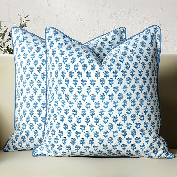 CPC 100% Cotton Throw Pillow Covers 20x20 Inch, Set of 2 Blue Block Print Pattern Couch Pillow, Cute Boho Decorative Pillows for Living Room, Bedroom with Hidden Zipper- Apatite Blue