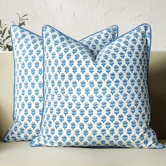 CPC 100% Cotton Throw Pillow Covers 20x20 Inch, Set of 2 Blue Block Print Pattern Couch Pillow, Cute Boho Decorative Pillows for Living Room, Bedroom with Hidden Zipper- Apatite Blue
