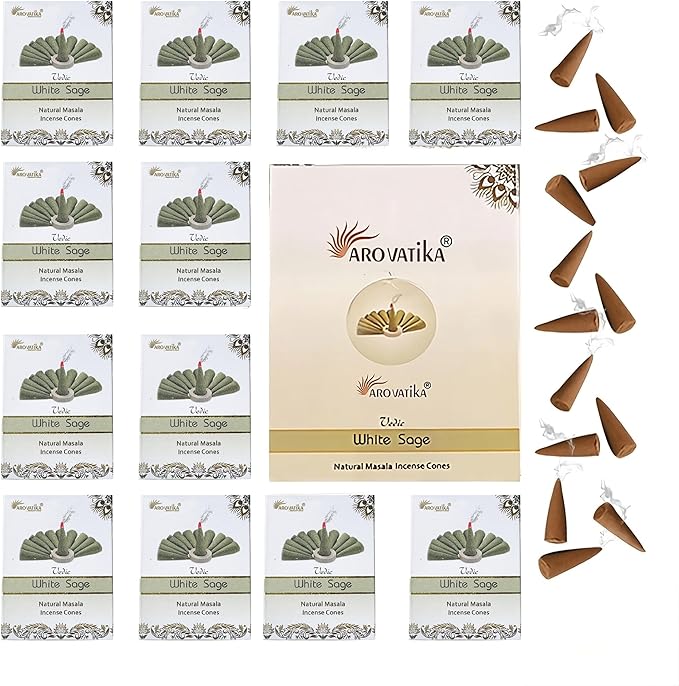 ARO VATIKA Vedic White Sage Natural Masala 120 Incense Cones in Pack of 12 Boxes |12 Assorted Fragrances Dhoop Cones | Best for Prayer, Reiki, Meditation and Relaxation | Burn time- 25 Mins