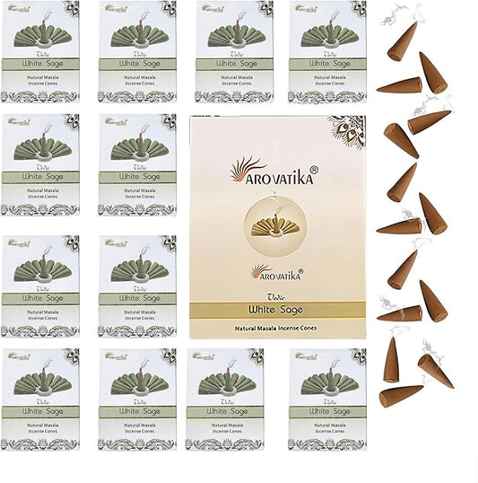 ARO VATIKA Vedic White Sage Natural Masala 120 Incense Cones in Pack of 12 Boxes |12 Assorted Fragrances Dhoop Cones | Best for Prayer, Reiki, Meditation and Relaxation | Burn time- 25 Mins