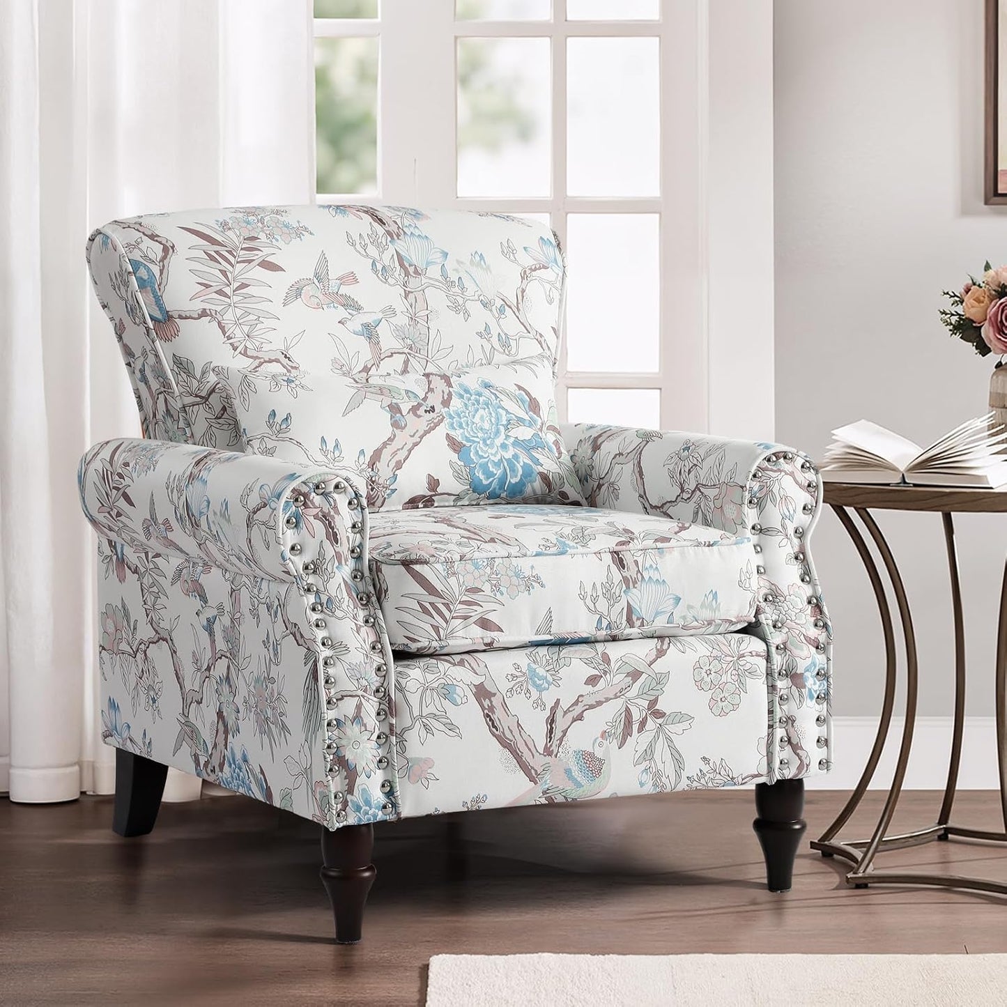 Wingback Accent Chair with Removable Pillow, High Back Floral Armchair with Solid Wood Legs & Nailhead Trim, Comfy Upholstered Reading Single Sofa Chair for Bedroom (1, Bird Floral Pattern)