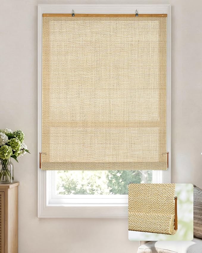 LazBlinds Manual Roll-up Bamboo Blinds, 44" W x 72" H, Star-Beige | Easy Install Roller Shades for Windows, Hook-On Light Filtering Bamboo Shades for Interior Indoor Windows
