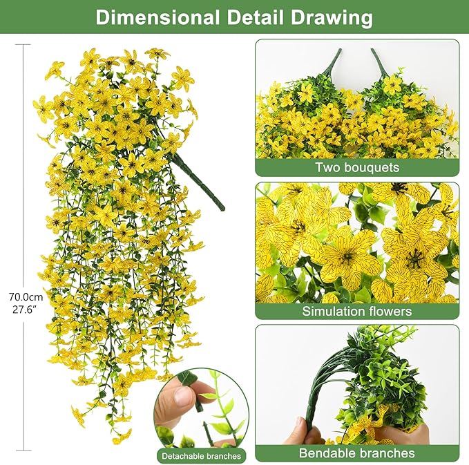 Artificial Fake Hanging Flowers Plants for Outdoor Spring Summer Decoration,2 PCS Faux Silk Daisy with Eucalyptus Leaves,UV Resistant Look Real for Outside Home Planter Porch Patio Balcony Yard Decor