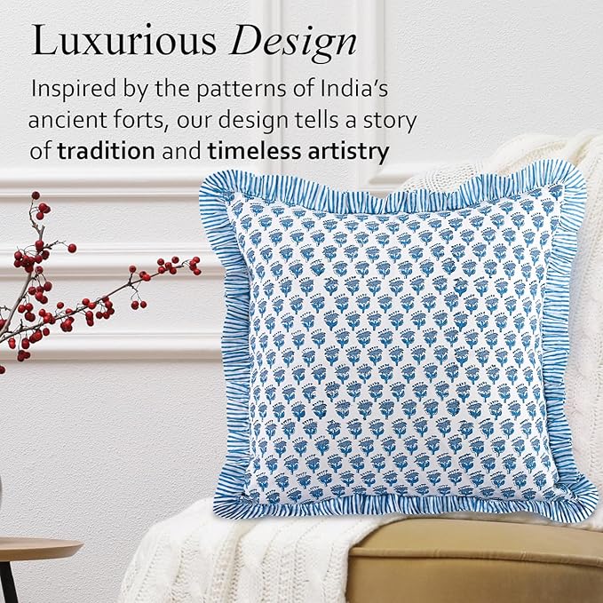 CPC Block Print Ruffle Throw Cover Apatite Blue 18"x18" Inch Pack of 2-100% Cotton Ruffle Couch Decorative Boho Pillows Case for Living Room, Bedroom, Sofa, Farmhouse Gift for Spring, Mother's Day